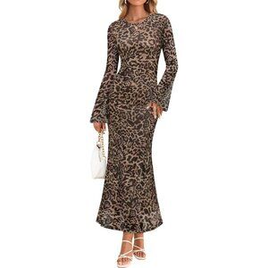Zesica Women's Leopard Brown Ruched Mesh Long Sleeve Floral Bodycon Dress